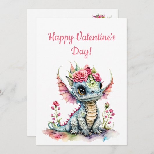 かわいいベビードラゴンとハートフローラバレンタイン シーズンカード (正面/裏面)