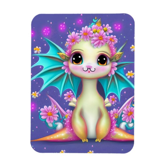 かわいいベビードラゴンとピンクの花 マグネット (縦)