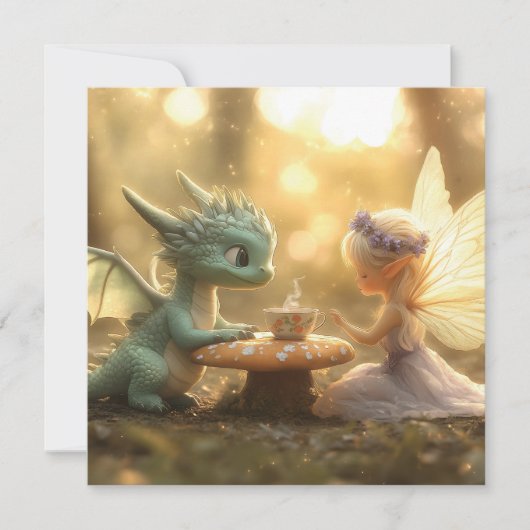 かわいいベビードラゴンと妖精がお茶を楽しむ シーズンカード (正面)