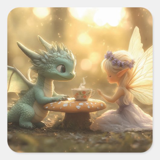 かわいいベビードラゴンと妖精がお茶を楽しむ スクエアシール (正面)