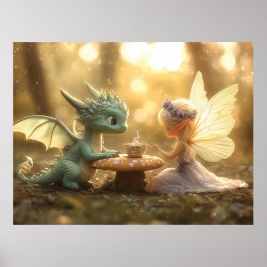 かわいいベビードラゴンと妖精がお茶を楽しむ ポスター (正面)