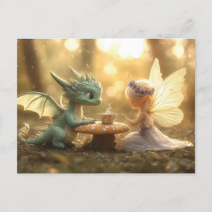 かわいいベビードラゴンと妖精がお茶を楽しむ ポストカード