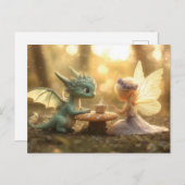 かわいいベビードラゴンと妖精がお茶を楽しむ ポストカード (正面/裏面)