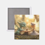 かわいいベビードラゴンと妖精がお茶を楽しむ マグネット (正面/裏面)