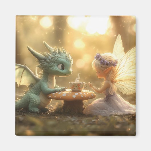 かわいいベビードラゴンと妖精がお茶を楽しむ マグネット (正面)