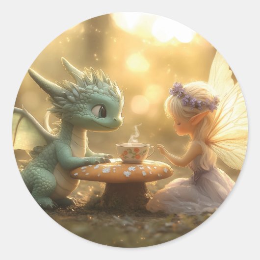 かわいいベビードラゴンと妖精がお茶を楽しむ ラウンドシール (正面)