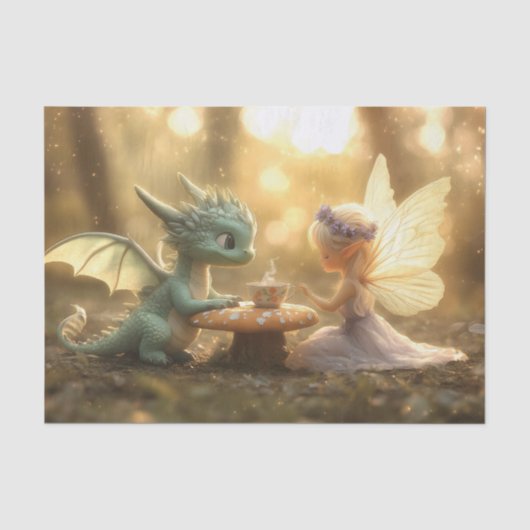 かわいいベビードラゴンと妖精がお茶を楽しむ 薄葉紙 (正面)