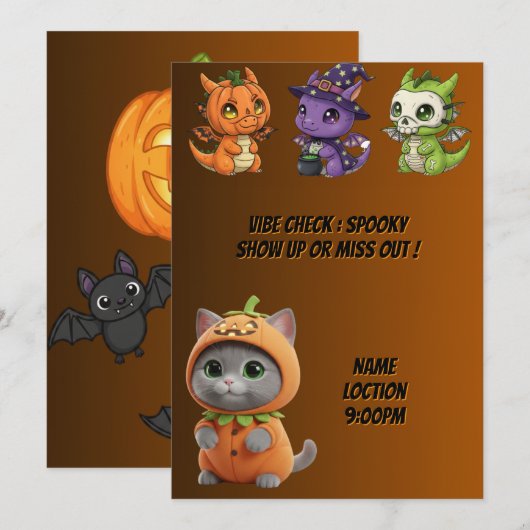 かわいいベビードラゴンのカボチャネコのハロウィン招待状 招待状 (正面/裏面)