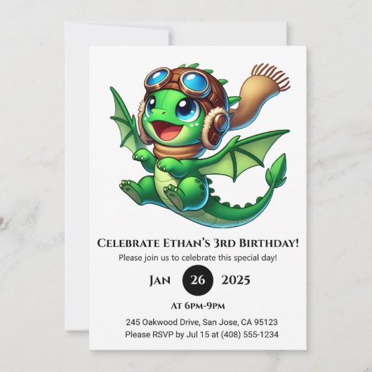 かわいいベビードラゴンの誕生日 招待状 (正面)