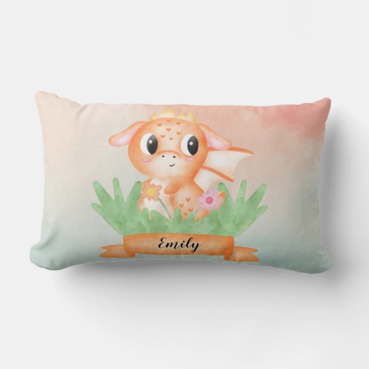かわいいベビードラゴンウォーターカラークッション ランバークッション (正面)