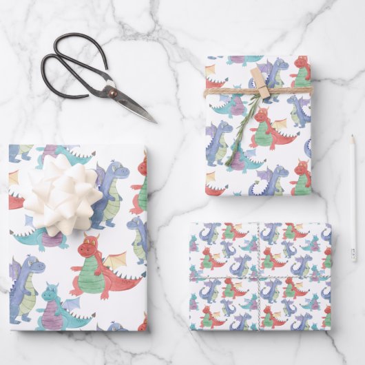 かわいいベビードラゴンハッピー踊りおもしろいキッズアニメ ラッピングペーパーシート (正面)