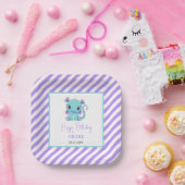 かわいいベビードラゴンパープルストライプ誕生日 ペーパープレート (パーティー)