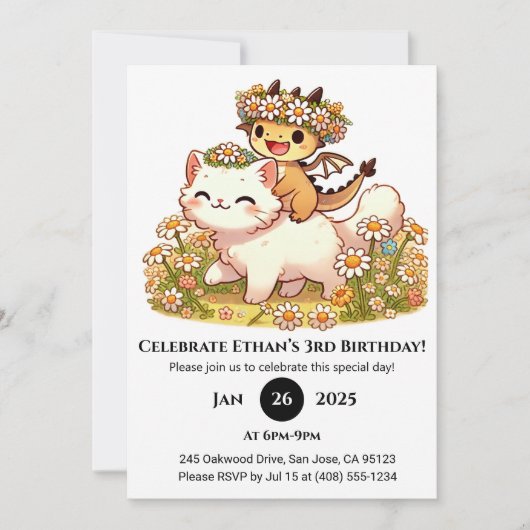 かわいいベビードラゴンライディングホワイトキャット誕生日 招待状 (正面)