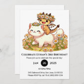 かわいいベビードラゴンライディングホワイトキャット誕生日 招待状 (正面/裏面)