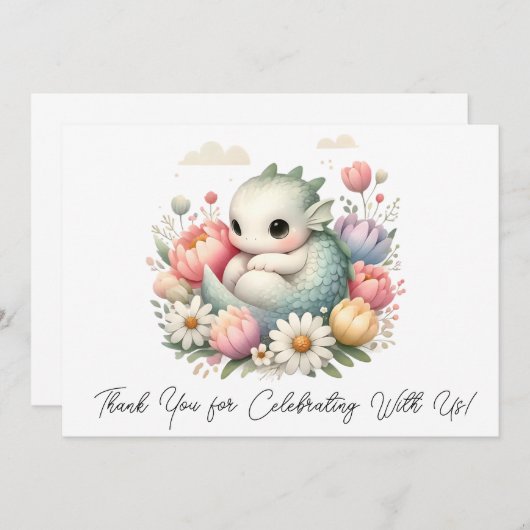 かわいいベビードラゴン花のベッドありがとう サンキューカード (正面/裏面)