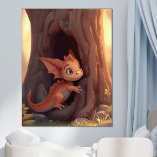 かわいいベビードラゴン+森の幻想的な子供部屋の壁  ポスター