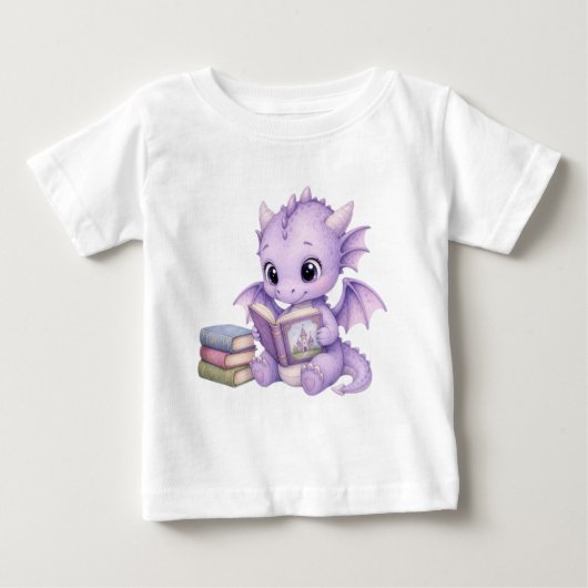 かわいいベビードラゴン+読み物+ファンタジー+水彩画+子供服 ベビーTシャツ (正面)