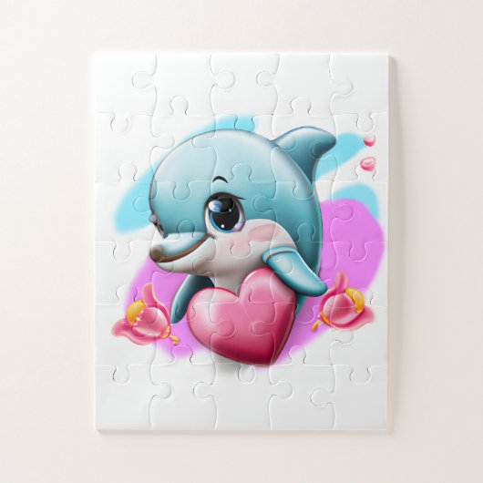 かわいいベビードルフィンとバレンタインハート ジグソーパズル (縦)