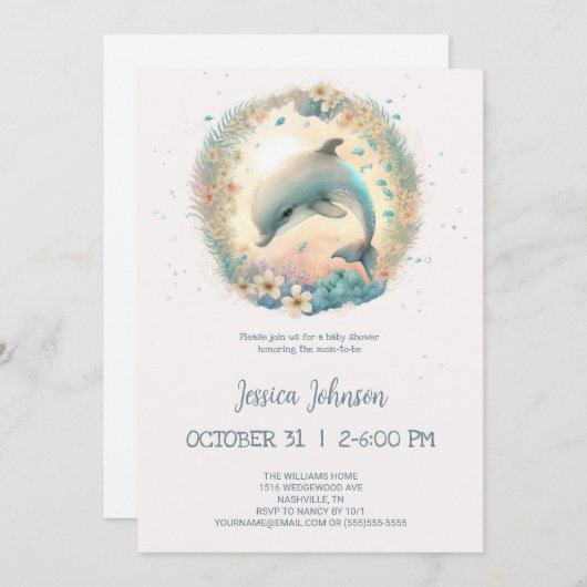 かわいいベビードルフィンベビーシャワー 招待状 (正面/裏面)