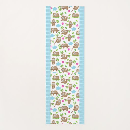 かわいいベビーナマケモノと青い白い水玉模様 ヨガマット (正面)