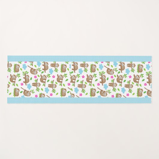 かわいいベビーナマケモノと青い白い水玉模様 ヨガマット (正面(横))