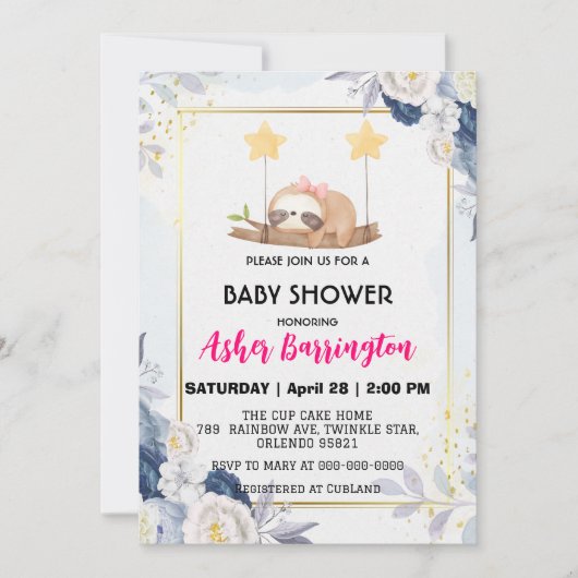 かわいいベビーナマケモノ眠っている木材フラワーベビーシャワー 招待状 (正面)