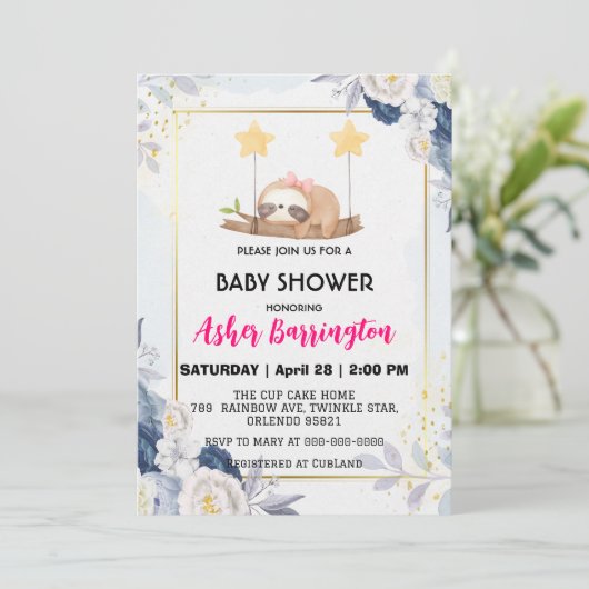 かわいいベビーナマケモノ眠っている木材フラワーベビーシャワー 招待状 (スタンド正面)