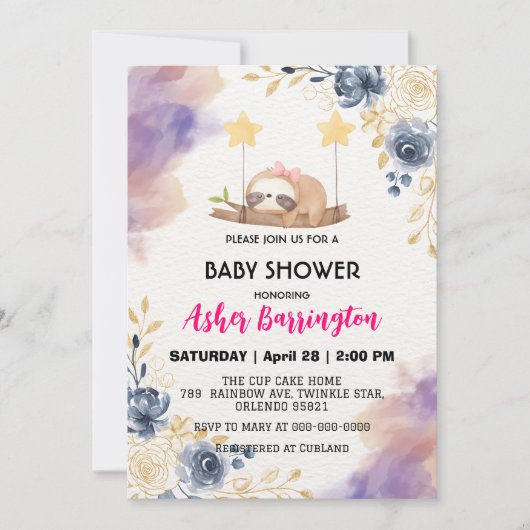 かわいいベビーナマズカラフルフラワーベビーシャワーパーティー 招待状 (正面)