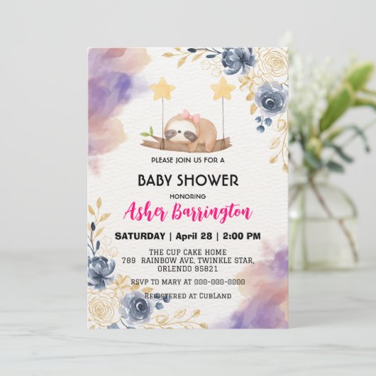 かわいいベビーナマズカラフルフラワーベビーシャワーパーティー 招待状 (スタンド正面)