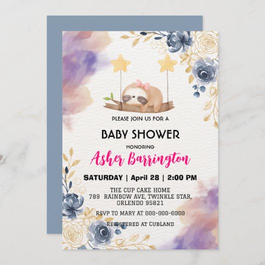 かわいいベビーナマズカラフルフラワーベビーシャワーパーティー 招待状 (正面/裏面)
