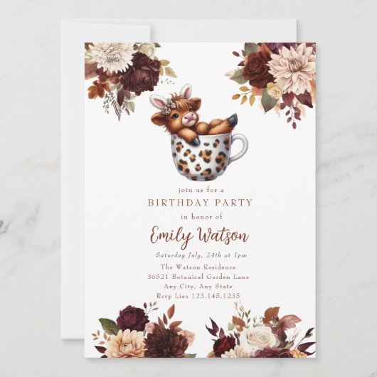 かわいいベビーハイランドカウズ |誕生日ティーパーティー 招待状 (正面)