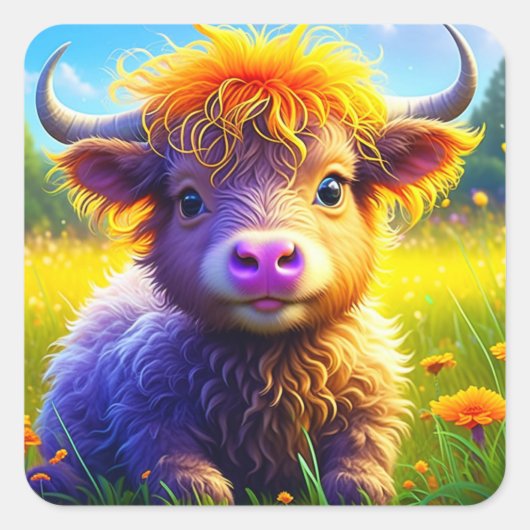 かわいいベビーハイランドカウフィールドや花 スクエアシール (正面)