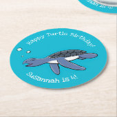 かわいいベビーハッピーウミガメ泳ぐ漫画 ラウンドペーパーコースター (アングル)