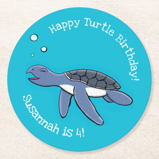 かわいいベビーハッピーウミガメ泳ぐ漫画 ラウンドペーパーコースター (正面)