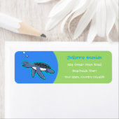 かわいいベビーハッピーウミガメ泳ぐ漫画 ラベル (インサイチュ)