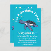 かわいいベビーハッピーウミガメ泳ぐ漫画 招待状 (正面/裏面)