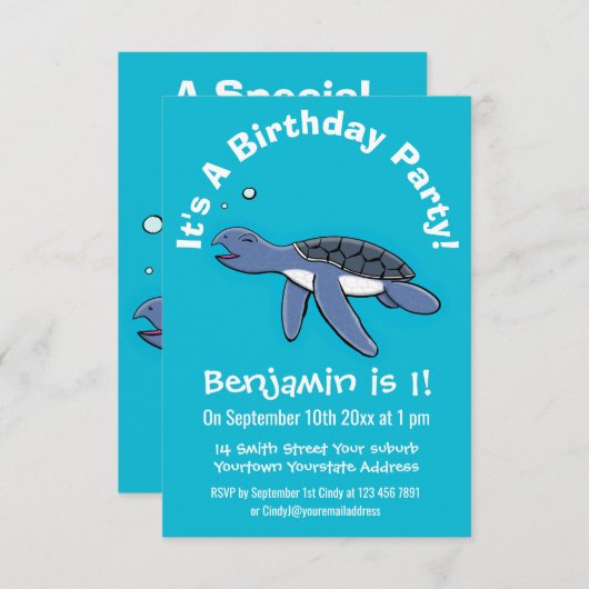 かわいいベビーハッピーウミガメ泳ぐ漫画 招待状 (正面/裏面)