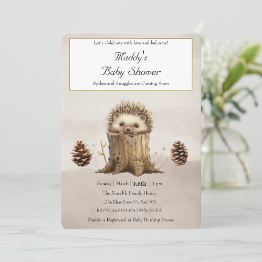かわいいベビーハリネズミ赤ちゃんシャワー 招待状 (スタンド正面)