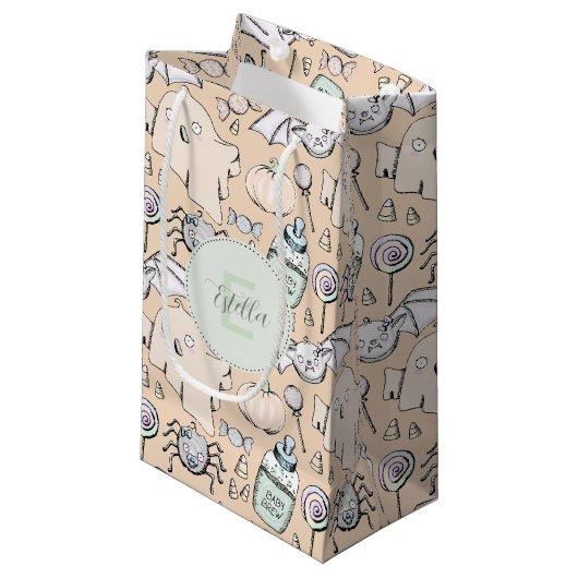 かわいいベビーハロウィーンとカボチャ、こうもりと幽霊 スモールペーパーバッグ (正面アングル)