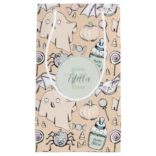 かわいいベビーハロウィーンとカボチャ、こうもりと幽霊 スモールペーパーバッグ (正面)