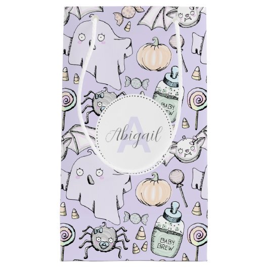 かわいいベビーハロウィーンとカボチャ、こうもりと幽霊 スモールペーパーバッグ (正面)