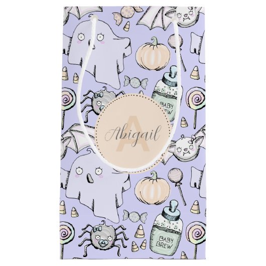 かわいいベビーハロウィーンとカボチャ、こうもりと幽霊 スモールペーパーバッグ (正面)