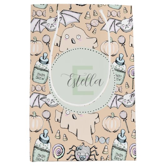 かわいいベビーハロウィーンとカボチャ、こうもりと幽霊 ミディアムペーパーバッグ (正面)