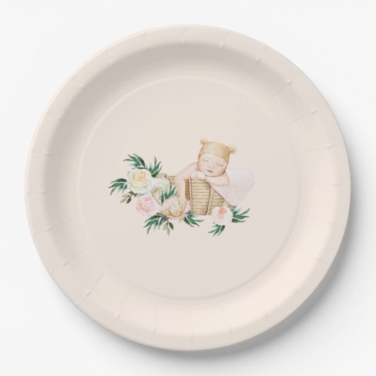 かわいいベビーバスケットフローラベビーシャワー ペーパープレート (正面)