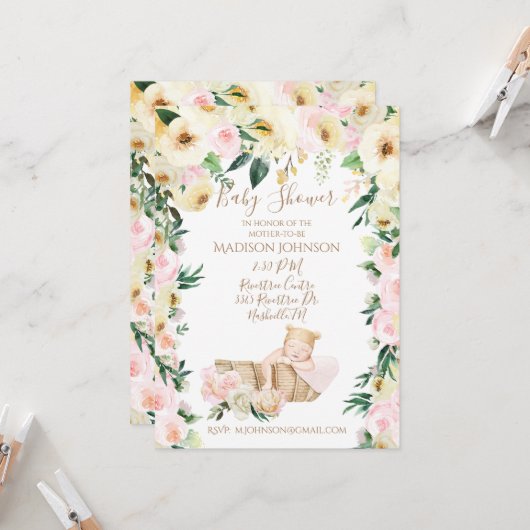 かわいいベビーバスケットフローラベビーシャワー 招待状 (正面/裏面インサイチュ)