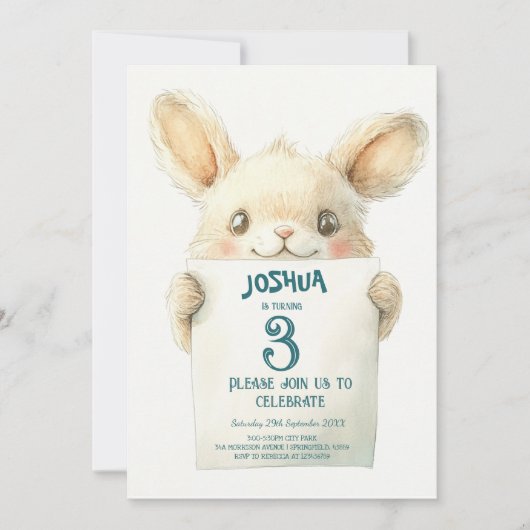 かわいいベビーバニーとサイン子供の誕生日パーティー 招待状 (正面)