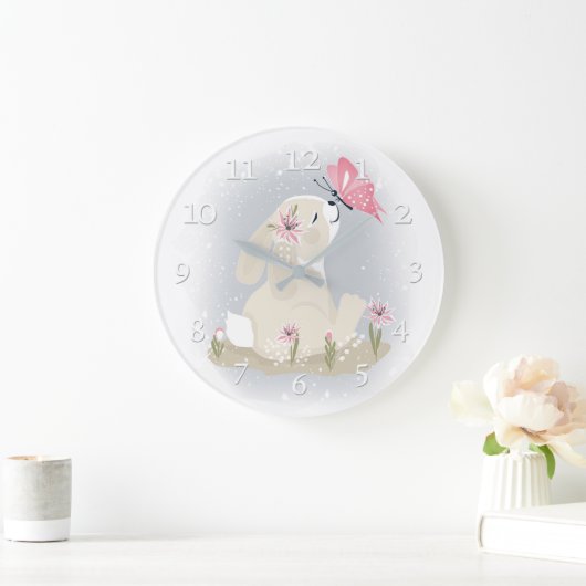 かわいいベビーバニーとバタフライ。 ラージ壁時計 (ホーム)
