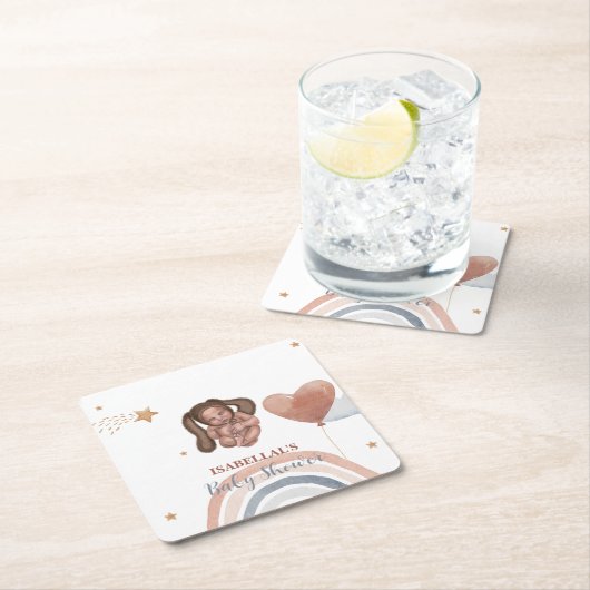 かわいいベビーバニーのアフリカ系アメリカ人の子供の赤ちゃんシャワー スクエアペーパーコースター (インサイチュ)