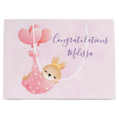 かわいいベビーバニーのハート毛布の赤ちゃんシャワー ラージペーパーバッグ (正面)