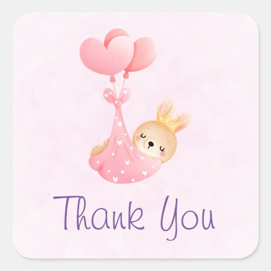 かわいいベビーバニーハート毛布ありがとう スクエアシール (正面)